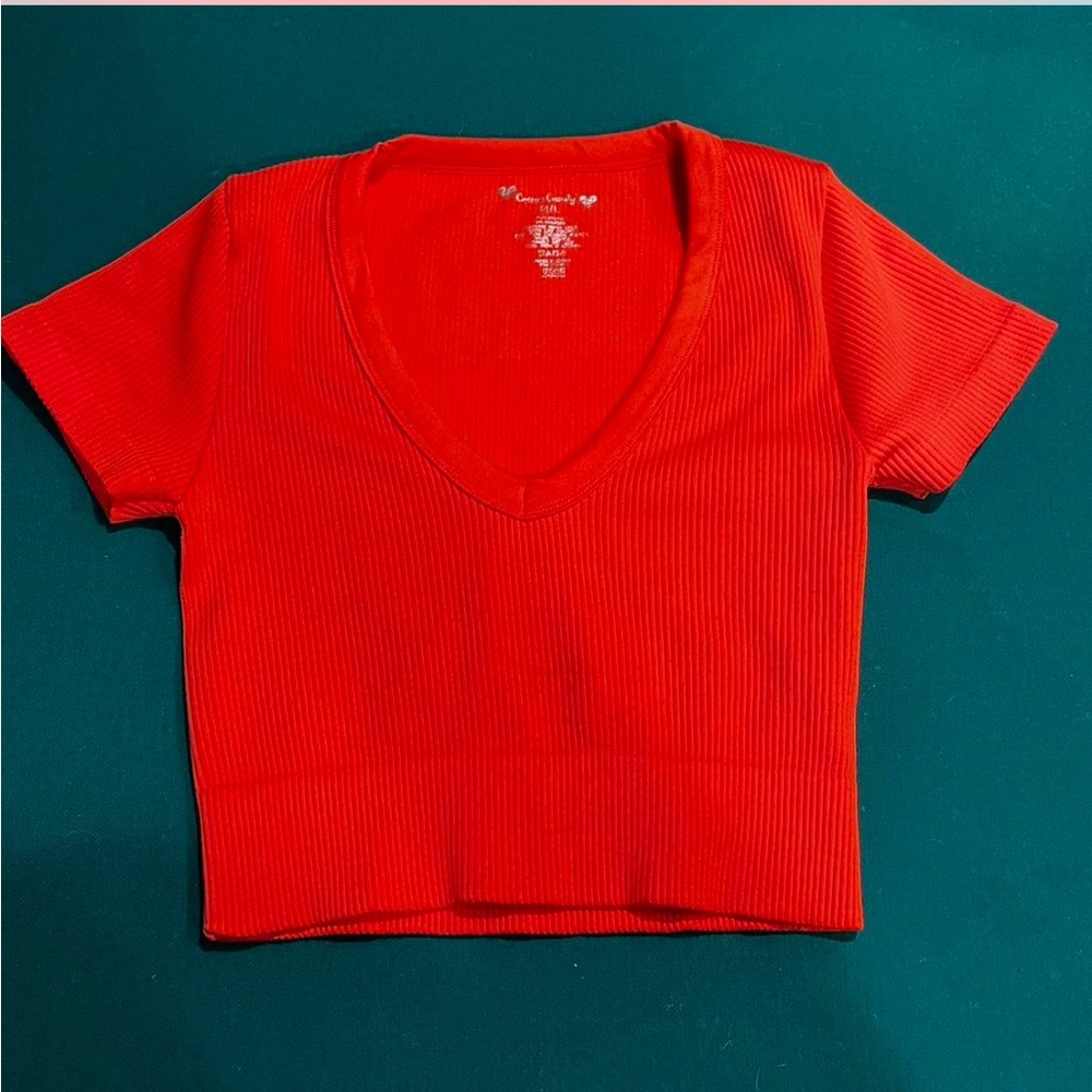 Orange V-Neck Short Sleeved Ribbed Crop Top